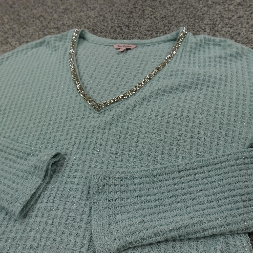 Juicy Couture Sweater Womens M Blue V Neck Waffle Knit Long Sleeve Babydoll Y2K